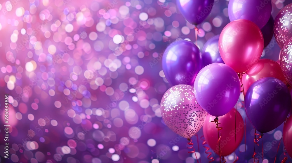 A festive backdrop with balloons and confetti in shades of purple and pink A festive backdrop with balloons and confetti in shades of purple and pink