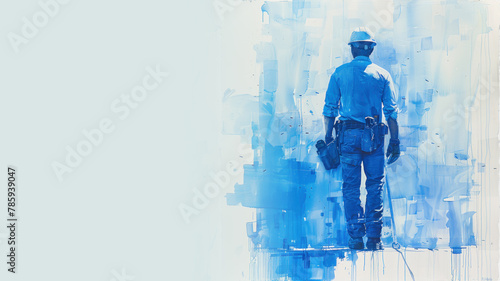 Blue sketch of a construction man on the job site, labor builder worker