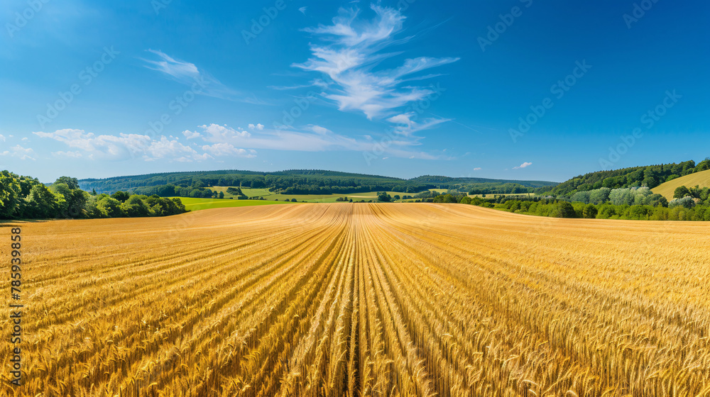 a panoramic view of a sprawling wheat field with rows of golden crops that stretch to the horizon