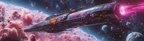 intergalactic spaceship covered in 80s style graffiti flying through space 8k photo