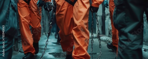 Mans in orange jumpsuits with handcuffs and shackles,