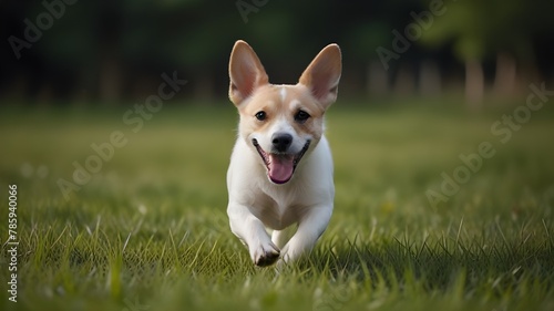 Spring, summer concept, playful happy pet dog puppy running in the grass and listening with funny ears Generative Ai 
