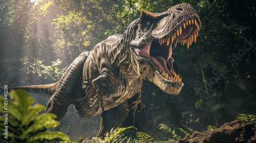 A majestic Tyrannosaurus Rex roaring in a prehistoric jungle, sunlight filtering through the lush canopy. © Eve Creative