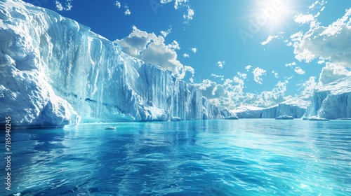 A melting glacier calving into a vibrant blue ocean, highlighting the rising sea levels caused by global warming.3D rendering photo