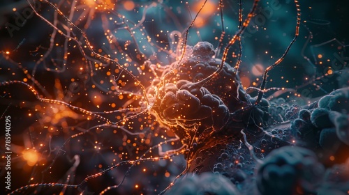 A microscopic view of a brain cell with nanobots repairing damaged neural connections. Highlight the potential of nanotechnology in brain repair. photo