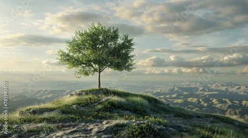 A lone tree standing tall on a hilltop, overlooking a vast landscape, symbolizing resilience and steadfast leadership.3D rendering.