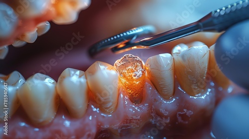 Digital art of a dentist replacing old dental fillings, closeup on the removal and replacement process photo