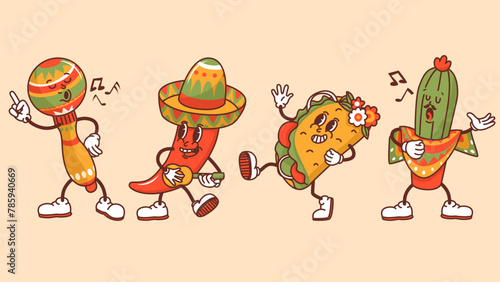 Set of characters in groove style. Traditional symbols of Mexico in the form of singing and dancing characters. Celebrating Cinco de Mayo. Vector illustration isolated on a color background.