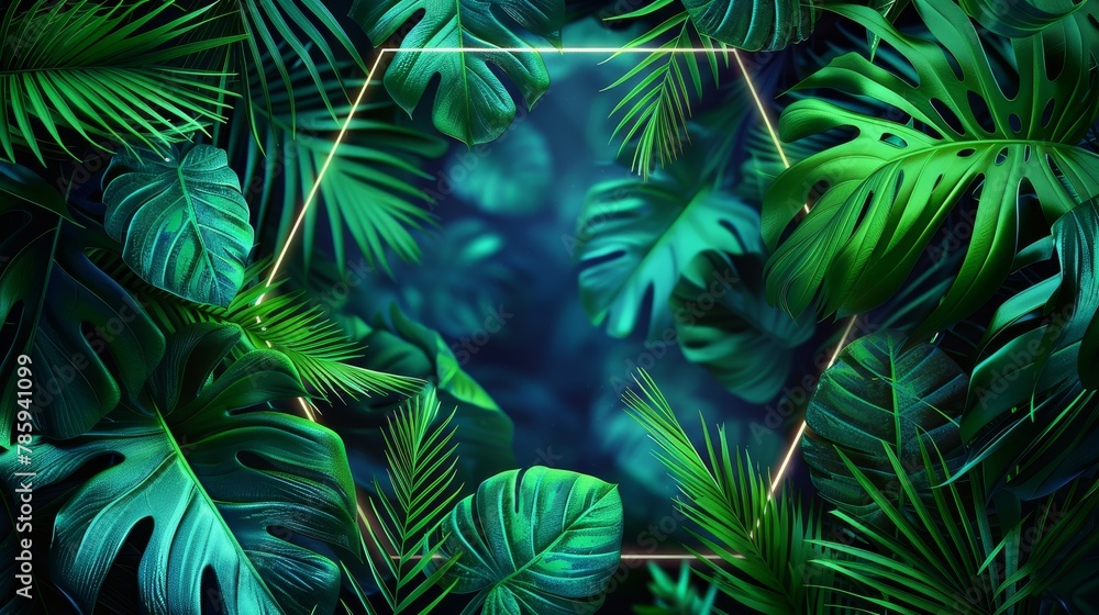 An abstract neon background featuring tropical leaves