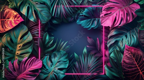 tropical leaves  with a vibrant color palette of neon green and pink