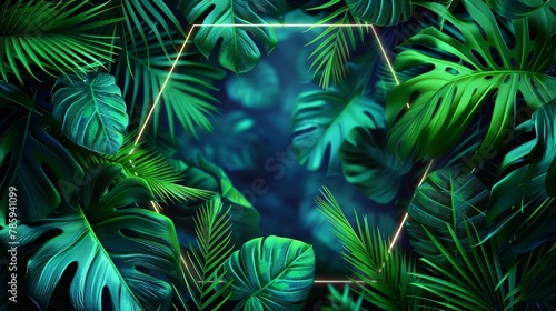 An abstract neon background featuring tropical leaves