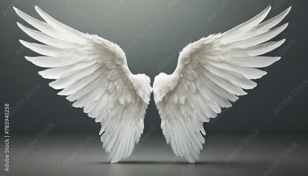 Fototapeta premium white angel wings with a soft, feathery texture isolated over grey background