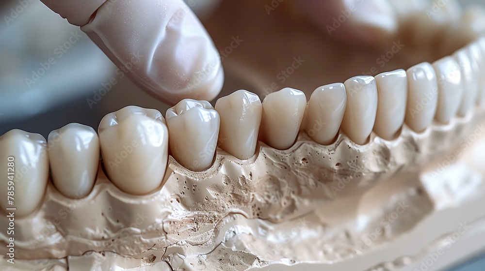 Illustration of a dentist fitting a dental bridge, closeup of the precise placement