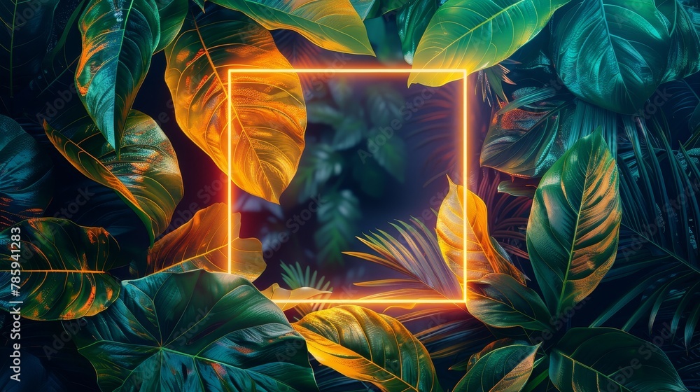 An artistic diamond frame design with an abstract neon background and tropical leaves