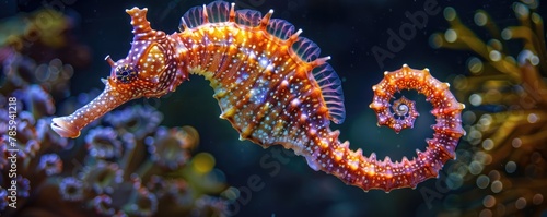 detailed brown seahorse against a blurred aquatic backdrop, highlighting marine life.