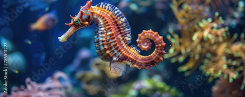 detailed brown seahorse against a blurred aquatic backdrop  highlighting marine life.