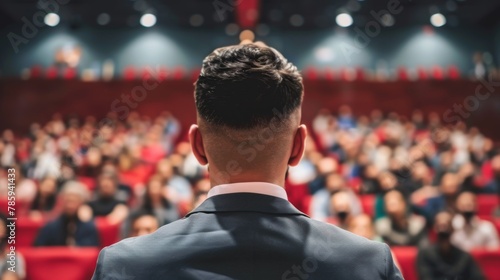 Motivational male speaker delivering an inspiring speech to an engaged audience at a business event.