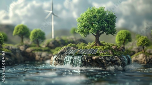 An Earth depiction in 3D  featuring solar panels  wind turbines  and thriving trees