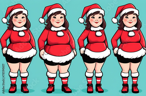 A set of four cute funny girls in short thigh-high socks and a Santa hat, illustration on a green background