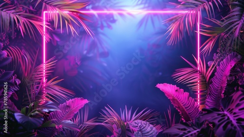 An elegant diamond frame design with an abstract neon background and tropical leaves