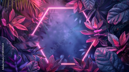 neon background and tropical leaves, showcasing a color combination of purple and pink