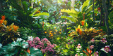 Tropical garden paradise with colorful flowers and lush greenery under the radiant sun rays