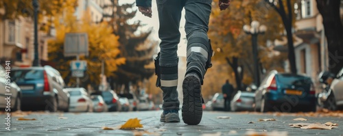 The image captures the lower body of a man with a prosthetic leg, showcasing mobility and technology in a street setting.