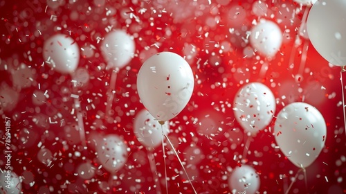 An energetic display of balloons and confetti against a backdrop of red and white