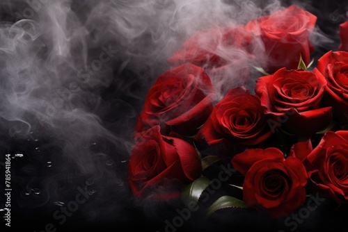 A mystical scene of vibrant red roses surrounded by delicate wisps of smoke. Enchanting Red Roses Amongst Wisps of Smoke
