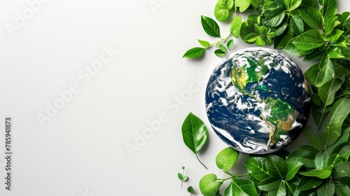 An environmentally conscious design featuring planet Earth and natural symbols