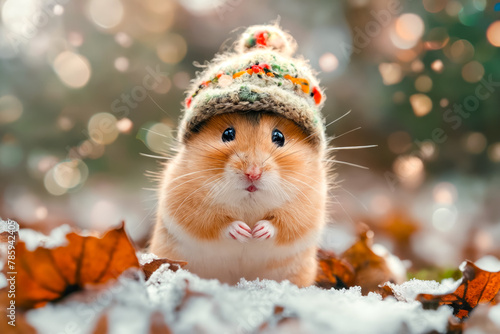 Small hamster wearing knitted hat in the snow.