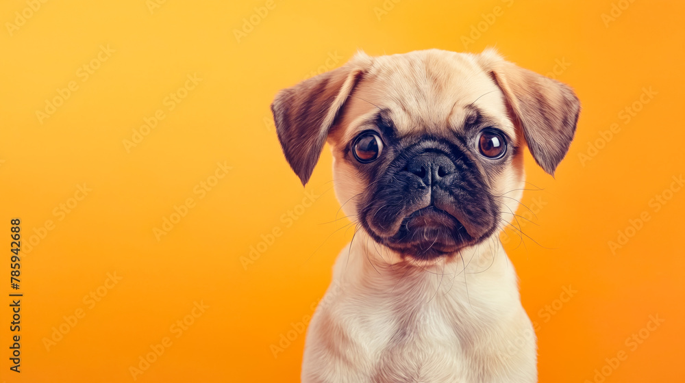 Pug dog looking at the camera on orange background.