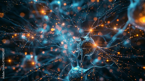 A network of glowing neurons firing in a brain, symbolizing the interconnectedness of the human mind. photo