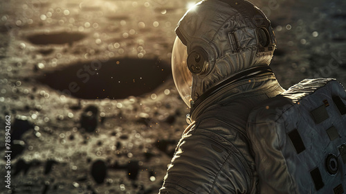 astronaut looking out over a crater, scifi universe