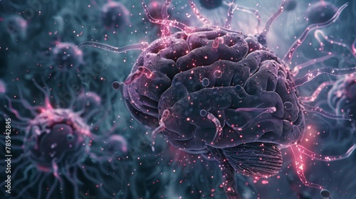 A microscopic view of a virus infecting a digital brain, representing the threats of cyber security in the digital age. photo