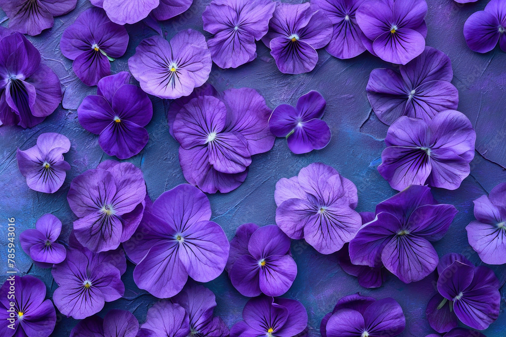 Purple pansies with vibrant petals in the center on a serene blue background floral photography concept portrait nature still life shot Purple pansies with vibrant petals in the center on a serene blue background floral photography concept portrait nature still life shot
