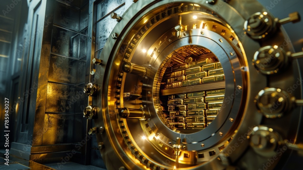 A modern bank vault door with gold bars stacked neatly inside, emphasizing security and the value of gold.