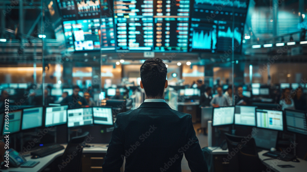 a filled with screens displaying real-time financial data and charts. In the center of the frame, a focused trader in a sharp suit stands in front of multiple monitors