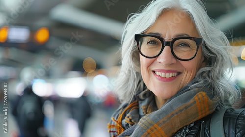 Elegant Senior Woman Smiling with Glasses and Scarf