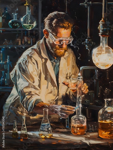 Chemist Deeply Engaged in Delicate Scientific Experiment Surrounded by Glassware and Liquids in Dimly Lit Laboratory