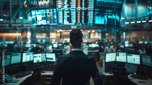 a filled with screens displaying real-time financial data and charts. In the center of the frame, a focused trader in a sharp suit stands in front of multiple monitors
