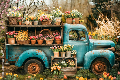 Old truck filled with flowers.