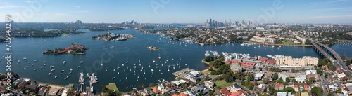 The Sydney suburb of Drummoyne, city skyline and Parramatta river .