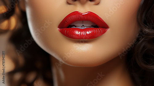 Close-Up of Red Lipstick On Beautiful Women Wet Lips Background Blur
