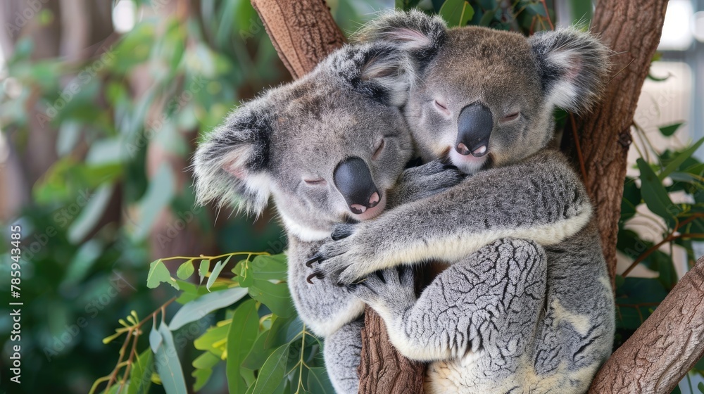 Obraz premium Two koalas cuddling on a eucalyptus tree