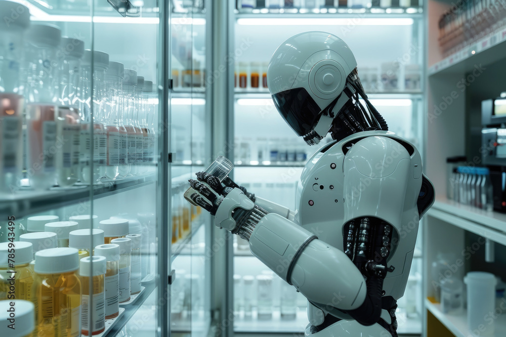 A humanoid robot is conducting experiments in the laboratory, holding ...