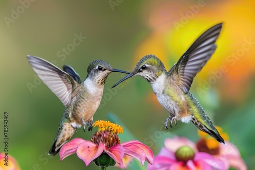 Two hummingbirds hovering over the same flower