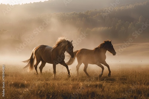 Two horses running together in a field photo
