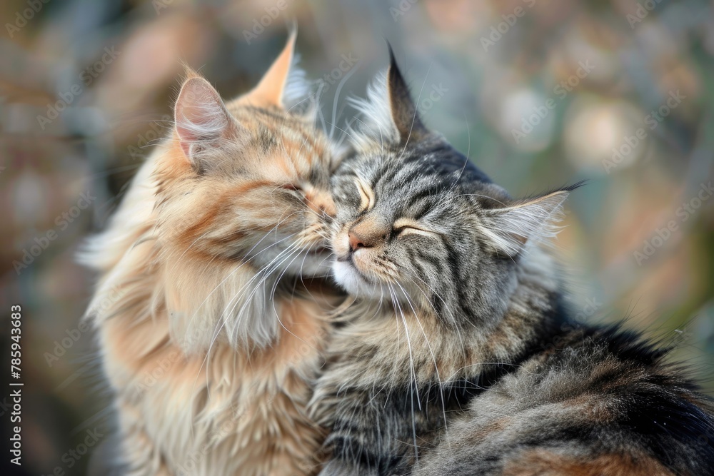 A pair of cats grooming each other gently A pair of cats grooming each other gently