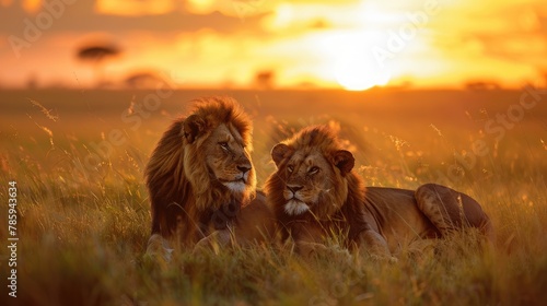A pair of lions resting in the grass at sunset